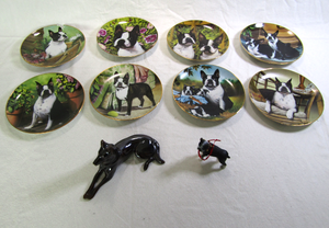 lot 659 image: The Danbury Mint limited edition Boston Terriers plate collection, plus two dog figurines