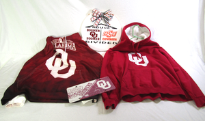 lot 669 image: University of Oklahoma hoodies (2), license plate cover, and round placard