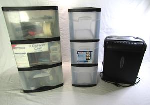lot 655 image: Homz 3 drawer storage cart (Casters included) plus contents, Sterilite 3 drawer storage, and Casemate paper shredder model WM830XA.