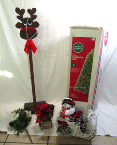 lot 693 image: 6 ft Cashmere Christmas tree, and assorted Christmas decor as shown