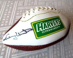 lot 530 image: Autographed Legendary NFL quarterback Johnny Unitas Harveys Market Baden mini football. Signed by Johnny Unitas at a Harveys Market store in Florida.