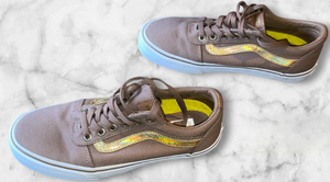 lot 21 image: Vans Ward Old Skool Ortholite Sneakers  Brown w Gold Iridescent Stripe  Size 9