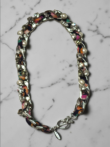 lot 35 image: Ann Taylor Scarf Chain Necklace  Multicolor Fabric, Rhinestones & Pearls