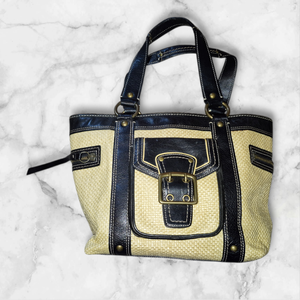 lot 85 image: Coach Straw & Black Leather Buckle Tote Bag  Gold Hardware Large Shoulder Bag