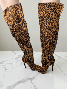 lot 92 image: Womens Leopard Thigh High Boots Size 9  Stiletto Heel Over-The-Knee Shady Bitch