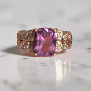 lot 123 image: 925 Sterling Silver Gold Plated Ring Size 7 Cushion Cut Halo Style Amethyst and Cz