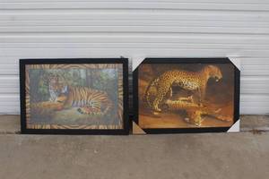 lot 13 image: print on the right is a reproduction of the 1808 painting titled Two Leopards Lying in the Exeter Exchange by Jacques-Laurent Agasse. And  framed velvet tiger picture,