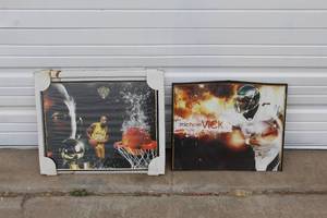 lot 18 image: two framed art prints of prominent American athletes