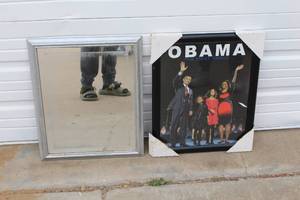 lot 19 image: wall mirror with a silver frame and Barack Obama picture