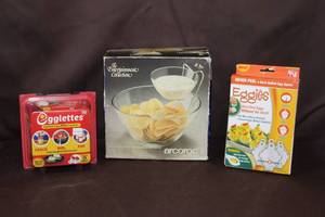 lot 102 image: Chip and dip bowl and Eggies (also branded as Ogglettes), a system for making hard-boiled eggs without the shell.