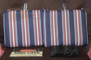 lot 118 image: Man cave metal sign 2 chair cushions and DVD player