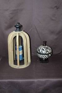 lot 126 image: wood and metal decorative candle lantern and ceramic zebra-print lidded trinket  holder