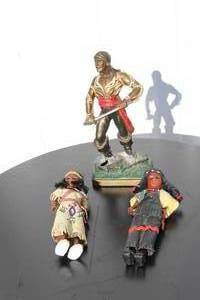 lot 159 image: vintage pirate swashbuckler figure,and 2-vintage Carlson Native American dolls