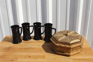lot 209 image: 4 Indiana Black Glass Tiara Tavern German 6 Beer Stein Mug and antique octagonal sewing box