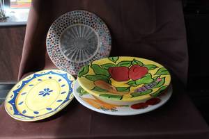 lot 222 image: hand-painted Talavera-style pottery  bowl handmade in Mexico. And mosaic decorative plate and more see pictures for details