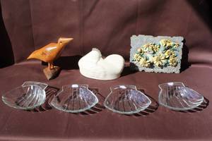 lot 230 image: hand-carved wooden bird figurinevintage  clear glass shell-shaped bowls, specifically identified as scalloped dipping dishes