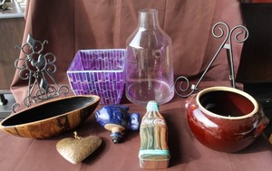 lot 251 image: Mixed lot vases wrought iron or cast iron rooster stand, sand much more see pictures for details