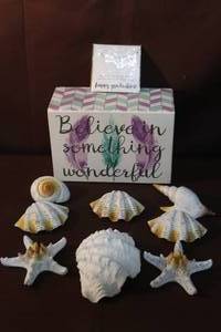 lot 287 image: patterned decorative box with the text Believe in something wonderful paired with various seashells and starfish. And more see pictures for details
