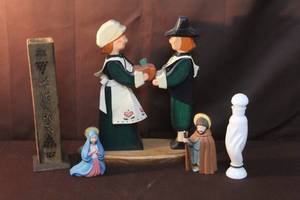 lot 291 image: Wood figurines and a vintage 1970s Avon Fragrance Touch milk glass perfume bottle, and more see pictures