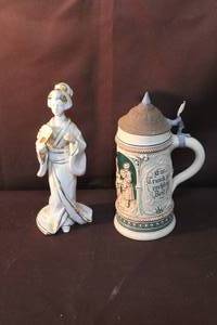 lot 293 image: vintage German lidded beer stein. And vintage porcelain Japanese Geisha figurine,