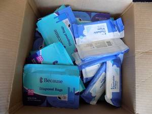 lot 75 image: disposal bags, flushable wipes, large prevail daily underwear