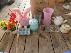 lot 101 image: glass lot- vase, tea pot, egg holder small bowls and more