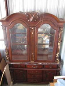 lot 8 image: Beautiful 2 PC Hutch 6 drawers and 2 doors on bottom, 2 doors on top,  has paper stuck to it from it being wrapped  87 X 60  X 17   PLEASE BRING HELP TO LOAD