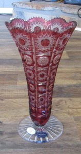 lot 174 image: BOHEMIAN CRYSTAL  24% LEAD CRYSTAL  Hand cut Red VASE - CZECHOSLOVAKIA
