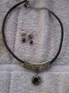 lot 124 image: LEATHER NECKLACE WITH METAL STATEMENT & STONE  EARRINGS