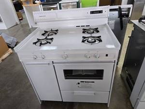 lot 45 image: NEW Brown 36 High Backguard Deluxe Gas Range, Model WNM430-7KW White