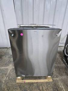 lot 78 image: GE Profile 24 Built-In Stainless Steel Dishwasher.  Front panel has damage