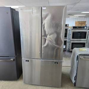 lot 83 image: LG Studio 36 27 Cu. Ft. SMART Counter Depth 3-Door French Door Refrigerator.  Damaged doors.  New handles are still in the box.  Model SRFB27S3 Fingerprint Resistant Stainless Steel