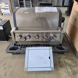 lot 90 image: Broil King Imperial 590 5 Burner Built-In Gas Grill w Rotisserie & Side Burner, Model 958087 Stainless Steel.  Lid Damage