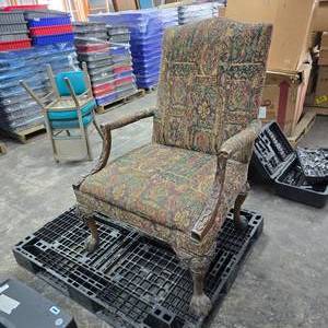 lot 155 image: Ornate Upholstered & Wood Arm Chair