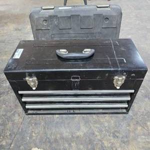 lot 157 image: Metal 4 Compartment Tool Box w Tools,  Includes everything pictured
