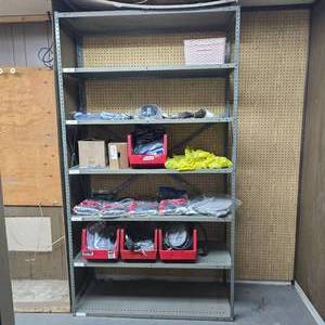 lot 231 image: Metal Shelf w Contents & Bins.  Buyer must take all.