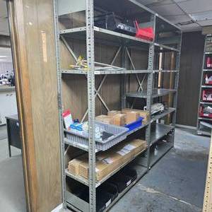 lot 232 image: Lot of 2 Metal Shelves w Contents & Bins.  Buyer must take all.