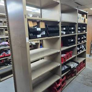 lot 234 image: 3 Section Metal Shelf w Contents & Bins.  Buyer must take all.