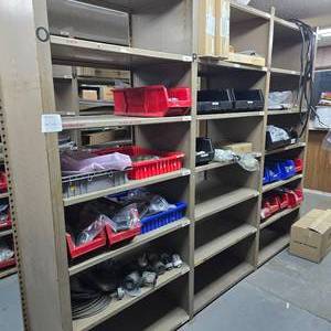 lot 235 image: 3 Section Metal Shelf w Contents & Bins.  Buyer must take all.