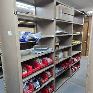 lot 236 image: 3 Section Metal Shelf w Contents & Bins.  Buyer must take all.