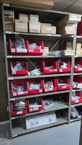 lot 237 image: Metal Shelf w Contents & Bins.  Buyer must take all.
