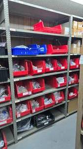 lot 240 image: Metal Shelf w Contents & Bins.  Buyer must take all.
