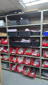 lot 239 image: Metal Shelf w Contents & Bins.  Buyer must take all.