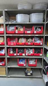 lot 242 image: Metal Shelf w Contents & Bins.  Buyer must take all.