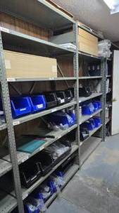 lot 244 image: Lot of 2 Metal Shelves w Contents & Bins.  Buyer must take all.