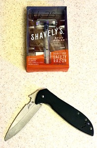 lot 22 image: Kershaw Emerson 6055 CQC-4KXL Drop PointFrame Lock Knife &amp NEW Shavelys Stay Sharp Double Edge Safety Razor
