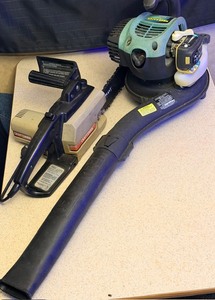 lot 9 image: Weed Eater FB25 25cc Gas Blower &amp Sears Craftsman 10-inch Electric Chainsaw Model 358.34010