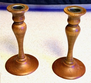 lot 19 image: Vintage Pair of Charles Lesters Hand Crafted Turned Wooden Candlestick Holders