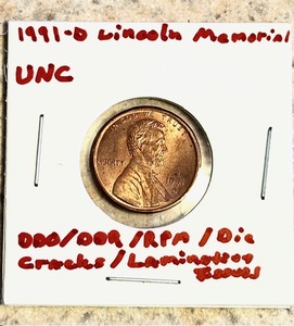 lot 43 image: Uncirculated 1991-D Lincoln Memorial Cent W Double Die on Obverse &amp Reverse, Repunched Mint Mark, Die Cracks, &amp Lamination Errors