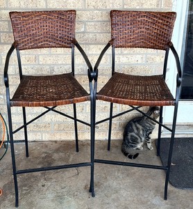 lot 13 image: Two (2) Metal &amp Wicker Rattan Counter Height Barstools